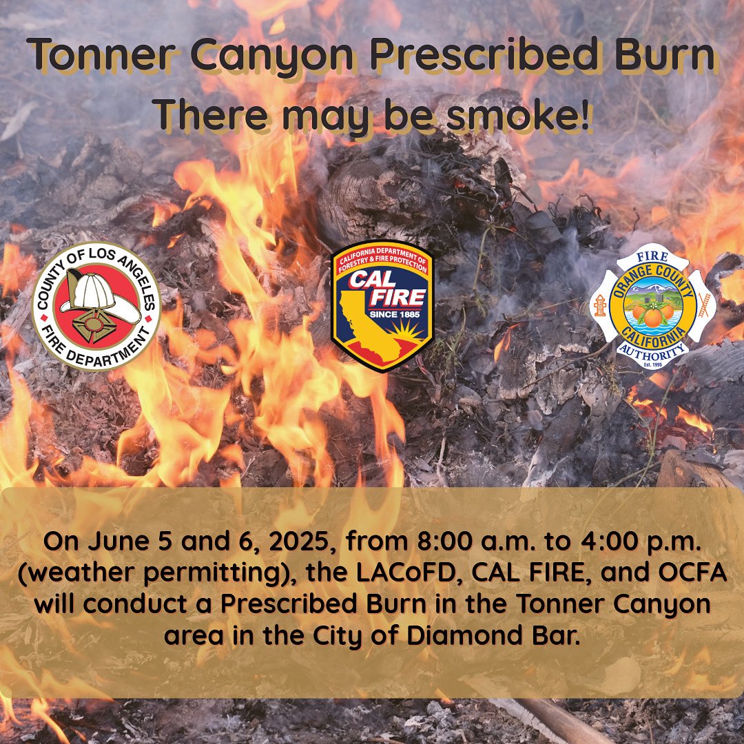 The #LACoFD <a href="/CAL_FIRE/">CAL FIRE</a> &amp; <a href="/OCFireAuthority/">OCFA</a> will conduct a prescribed burn in Tonner Canyon on 6/5 &amp; 6/6, weather permitting. This 36-acre burn is part of ongoing efforts to improve ecosystem health, reduce wildfire risk &amp; improve public safety through proactive vegetation mgmt.
