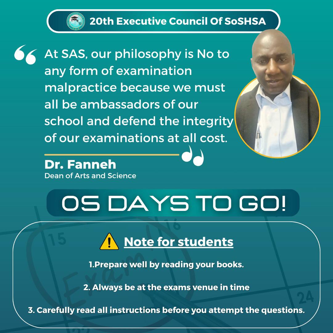 SoSHSA2024's tweet photo. SoSHSA: EXAM SERIES EPISODE 1 📕 📕

As we get set for the end of semester exams, we must uphold the principles of transparency and self-judgement, and distance ourselves from any form of activity that could jeopardize our sacrifices and our integrity. https://t.co/nDLoq6b8HC