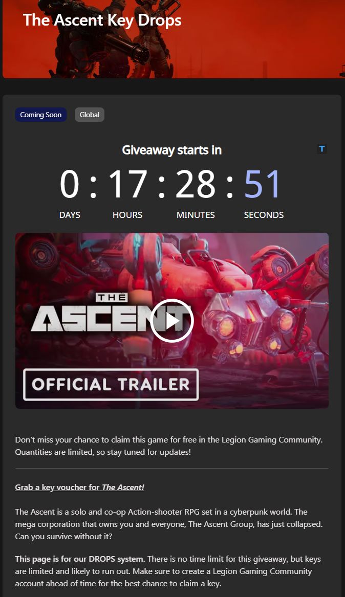 Wario64's tweet image. The Ascent (Steam) will be free to grab from Lenovo in ~17 hours and 30 minutes from now (10 AM PT, June 5) buff.ly/VeQtHXv 

Requires Gamesplanet account to redeem (create account here: buff.ly/HBnecvB)