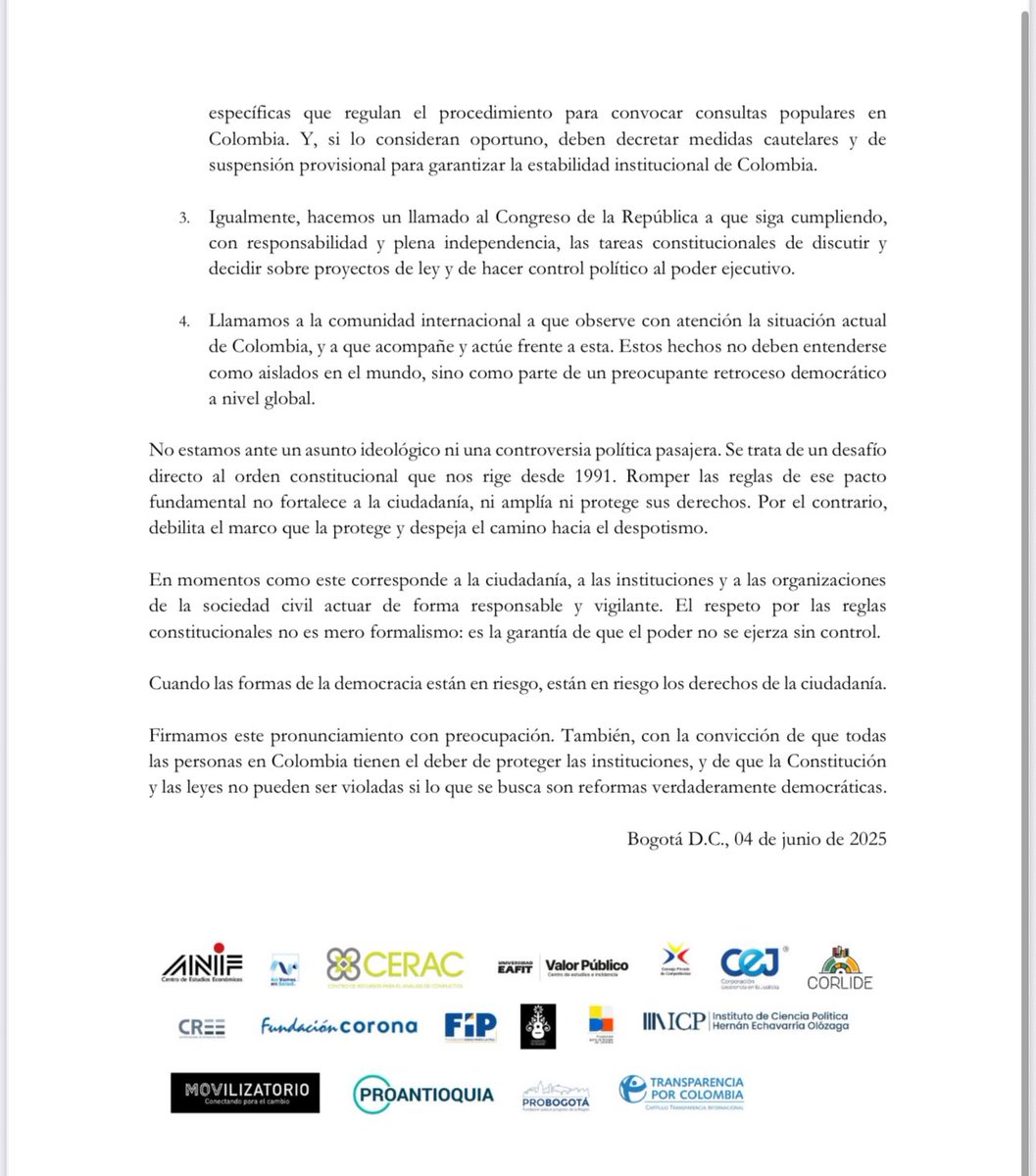 Organizaciones de sociedad civil y Centros de Pensamiento alertamos sobre los riesgos de una consulta popular por decreto, sin aval del Senado. Vulneraría el orden constitucional y la separación de poderes. Lea el comunicado completo