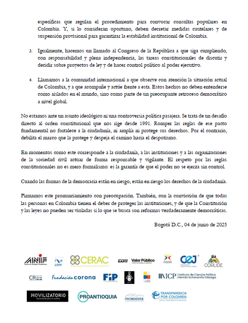 Organizaciones de sociedad civil y centros de pensamiento alertamos sobre los riesgos de una consulta popular por decreto, sin aval del Senado. Vulneraría el orden constitucional y la separación de poderes. Lea el comunicado completo👇