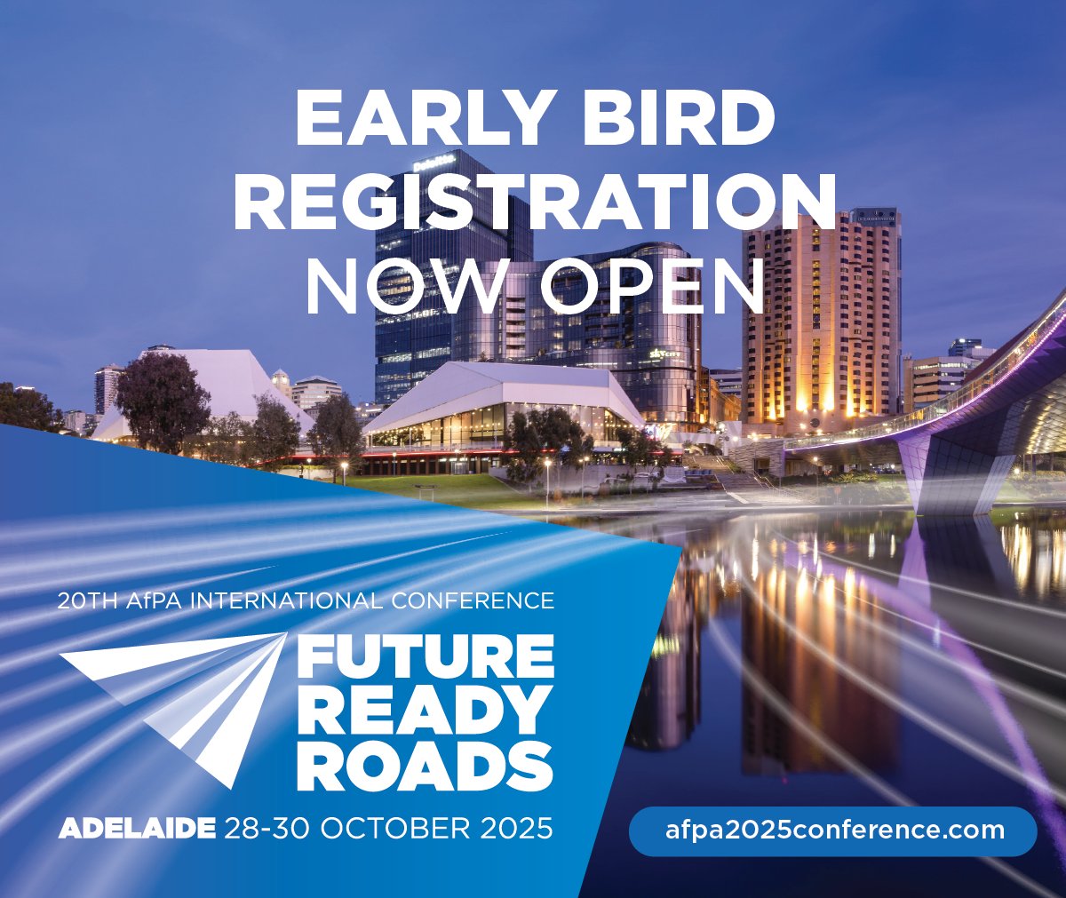 Join us for the 20th AfPA International Conference: Future Ready Roads, taking place 28–30 October 2025 at the Adelaide Convention Centre.
  
🚨 Don’t miss out on Early Bird rates! Secure your spot: afpa2025conference.com/registrations

#AfPAConf2025 #FutureReadyRoads #RoadInnovation