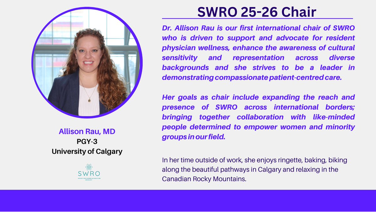 This #WeWhoCurie Wednesday, we feature Dr. Allison Rau, our 2025-2026 Chair! ☢️ 

Dr. Rau is a PGY3 at the University of Calgary 🇨🇦. She is passionate about expanding the reach and presence of SWRO internationally.

We can't wait to see what Dr. Rau will accomplish this year!