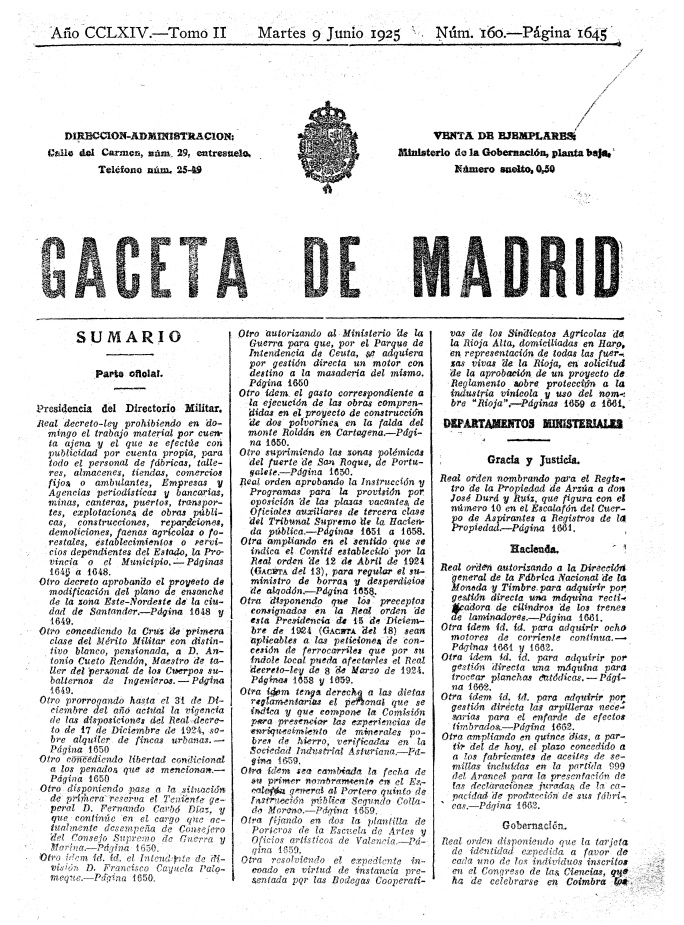 Gaceta de Madrid del martes 9 de junio de 1925 en el que se publica la Real Orden para la creación de la Denominación de Origen Rioja. 
Más datos sobre el centenario: 
🔗 bermemar.com/politica/xix_a…