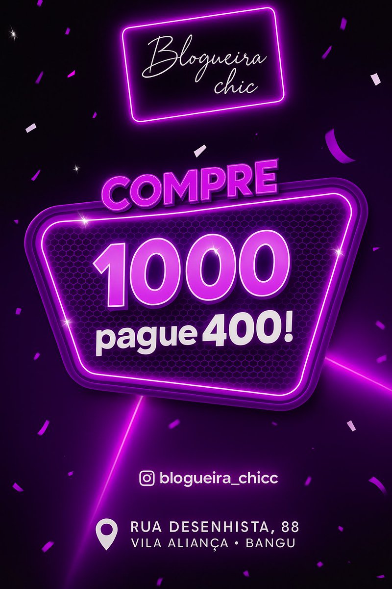 “⚠️ Atenção! A super promoção da Blogueira Chic vai até o FINAL DO MÊS! 🛍️🔥 Compre 1000, pague só 400! Não perde essa chance, hein? #promoção #oferta #BlogueiraChic”