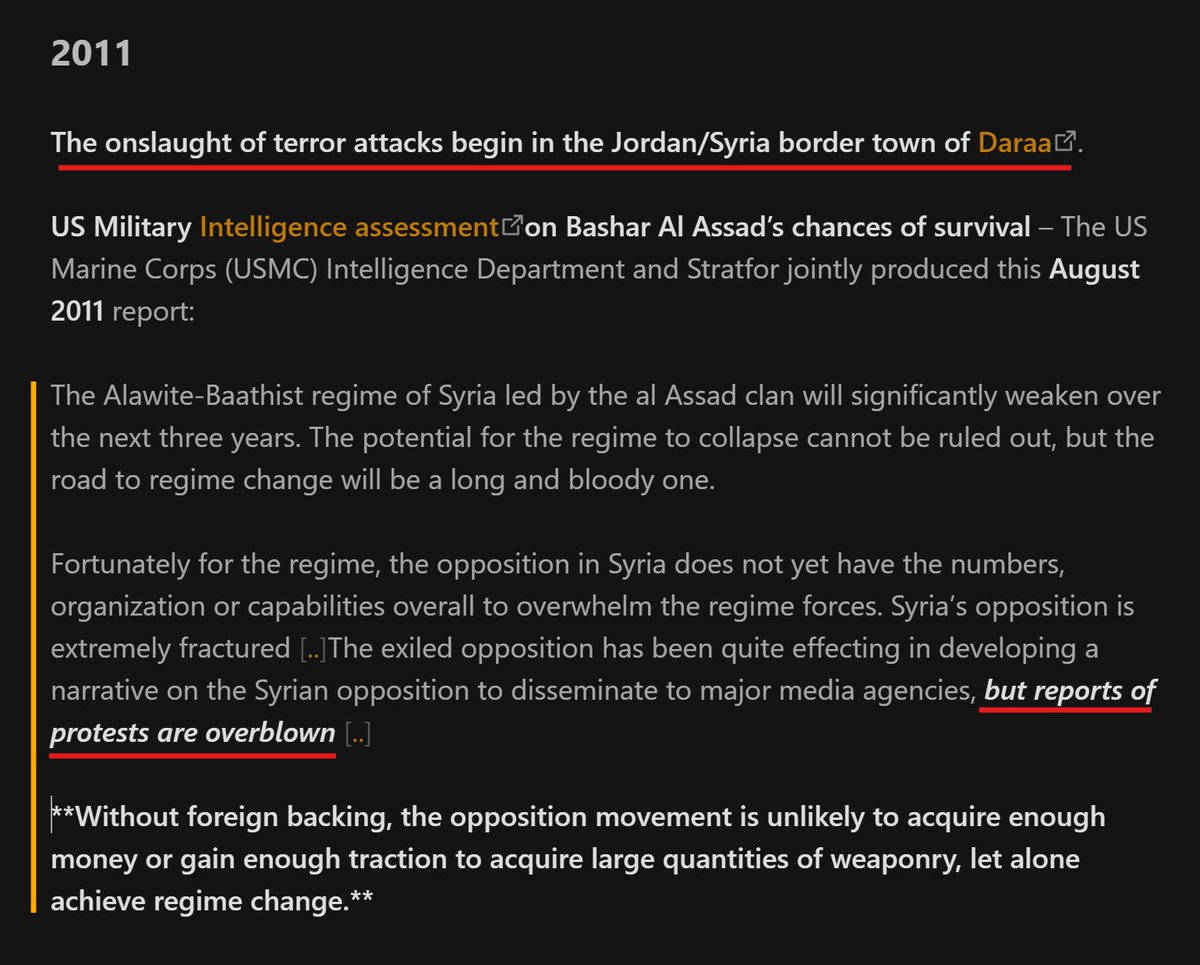 Syria, 2011. 

Terror attacks begin in Daraa.

"[R]eports of protests are overblown." - US Marine Corps (USMC) Intelligence Department and Stratfor.