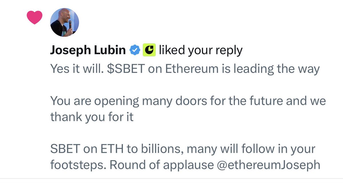 <a href="/EasyInvests/">easy.eth</a> Yessir!!! $sbet about to go insane 

Company account followed $sbet on ETH today, Lubin interacting. Next billion dollar token on eth 

0x4F1AAC70b303818ddd0823570Af3Bb46681D9bd8