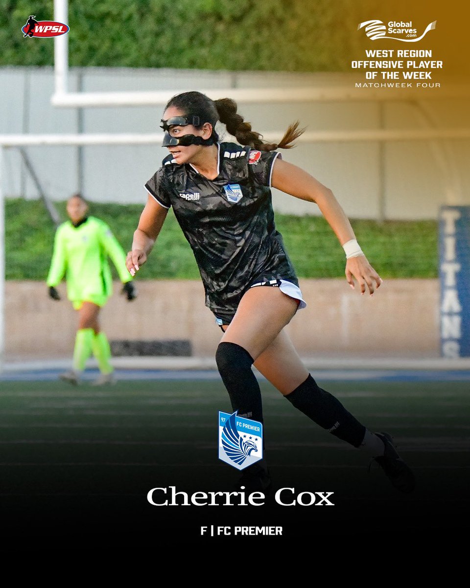WPSL West Region (@wpslwest) on Twitter photo 𝗢𝗳𝗳𝗲𝗻𝘀𝗶𝘃𝗲 𝗣𝗹𝗮𝘆𝗲𝗿 𝗼𝗳 𝘁𝗵𝗲 𝗪𝗲𝗲𝗸
Cherrie Cox of <a href="/fcpremierwomen/">FC Premier Women</a> scored 4 goals in 40 mins on her first four shots. The forward added two more assist on the week to help the club to two wins 𝗢𝗳𝗳𝗲𝗻𝘀𝗶𝘃𝗲 𝗣𝗹𝗮𝘆𝗲𝗿 𝗼𝗳 𝘁𝗵𝗲 𝗪𝗲𝗲𝗸
Cherrie Cox of <a href="/fcpremierwomen/">FC Premier Women</a> scored 4 goals in 40 mins on her first four shots. The forward added two more assist on the week to help the club to two wins