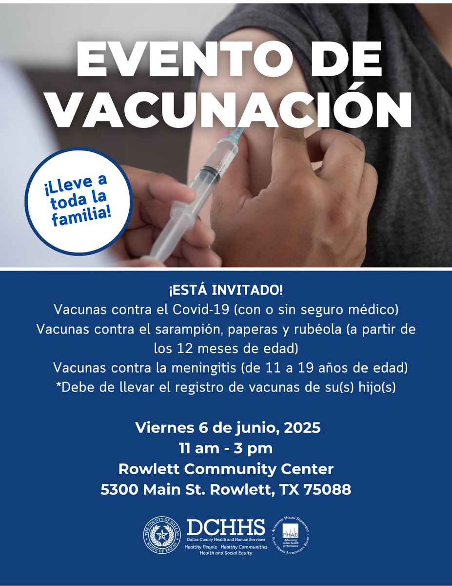 ✅ Get your family protected! 🛡️ Join us this Friday for a FREE vaccination event! Keep your loved ones healthy.

✅ ¡Protege a tu familia! Acompáñanos en un evento gratuito de vacunación este viernes! Mantén saludable a tu familia.

#Vaccines #CommunityHealth #StayProtected