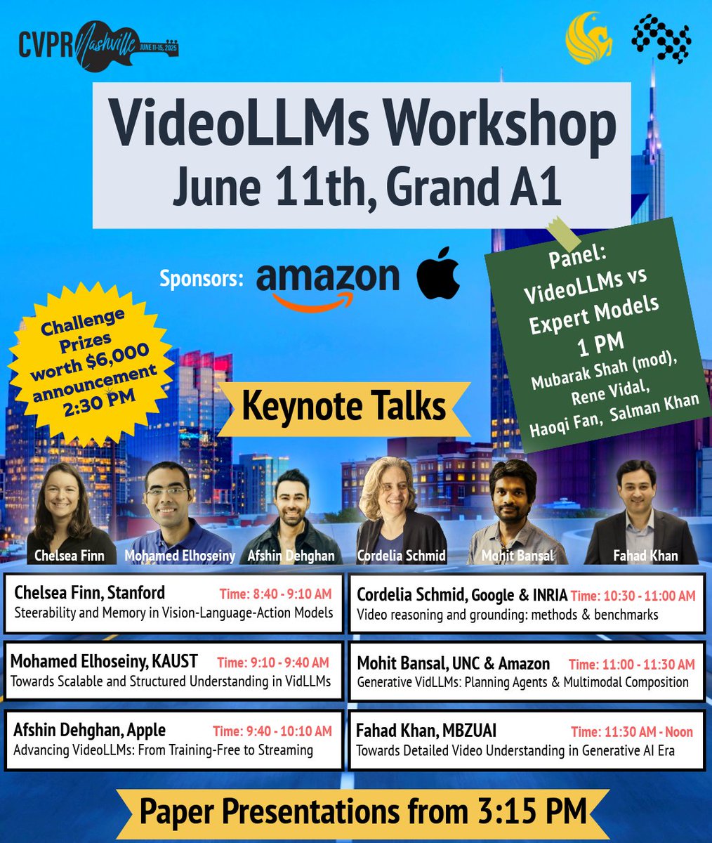 🚀 Heading to #CVPR2025 in Nashville? Don’t miss the VideoLLMs Workshop on June 11 (Grand A1)!
• 🔑 6 keynotes
• 🗣️ Panel “VideoLLMs vs Expert Models” 
• 🏆 $6 K challenge-prize reveal
• 📑 Paper talks and Poster session

See you there! 

#AI #ComputerVision #GenerativeAI