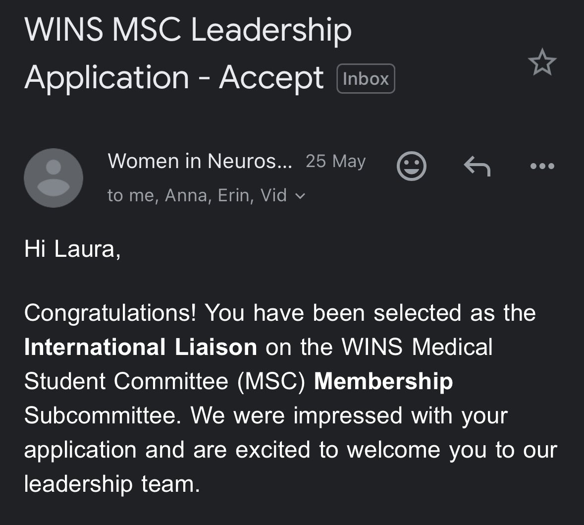 laybar6's tweet photo. Thrilled to share that I’ve been selected as the International Liaison for the Women in Neurosurgery (WINS) Medical Student Committee Membership Subcommittee! Honored to join this inspiring community and contribute to advancing representation in neurosurgery. 🧠🤍 @WomenInNSGY https://t.co/hubYelrdlG