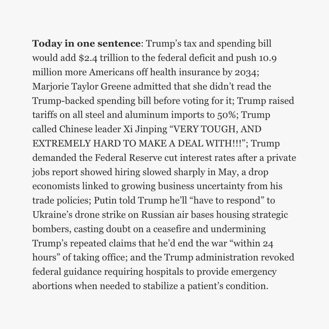 🗓️ Today in one sentence for Wednesday, June 4, 2025.

Trump, Day 1597: "A very bad situation."

whatthefuckjusthappenedtoday.com/2025/06/04/day…