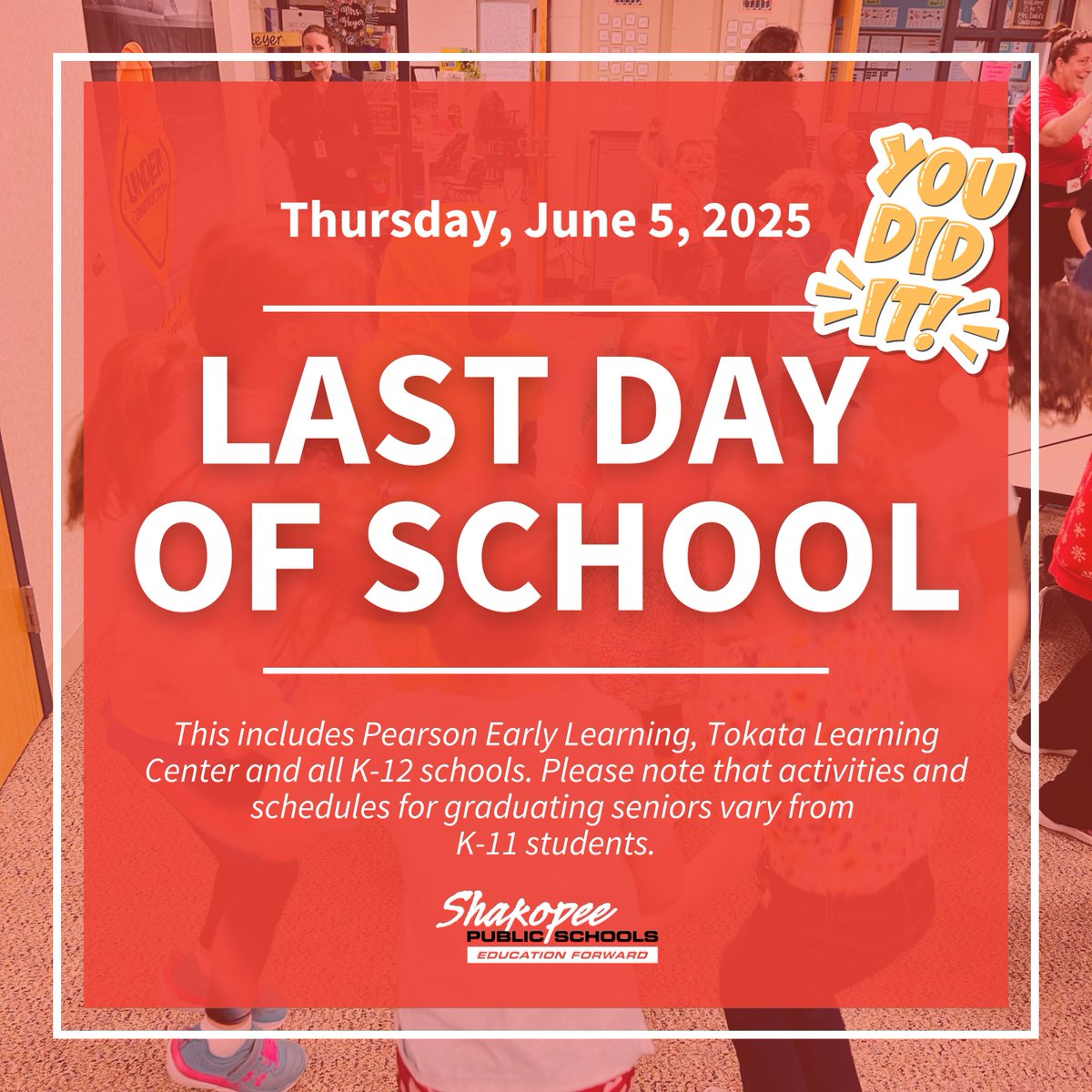 ☀️Reminder: The last day of school for all E-12 #shakopeeschools students is Thursday, June 5th! 
📲 Looking to stay connected? Visit this site often: bit.ly/SPSSummerB2SHu…
🎉Have a safe and  #saberpride filled summer!