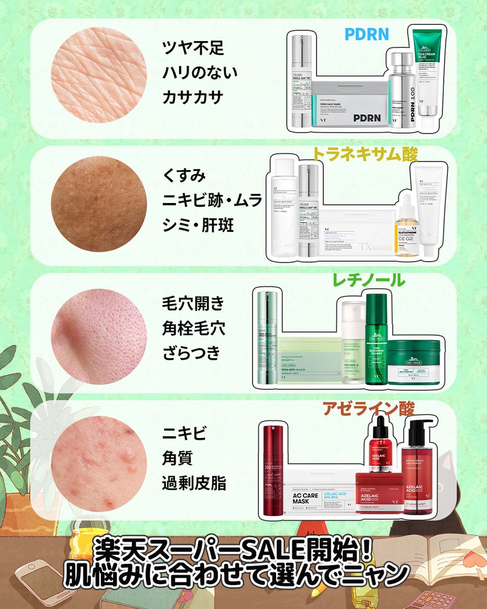 #楽天スーパーSALE 開催中🎉
~6/11(水) 01:59まで

かわいいクロネコニャンイラストのBOX付き
肌悩みに合わせて選べるお得なセットが登場✨

🩵保湿・ツヤケア
💛乾燥くすみ・美白ケア
💚毛穴・肌キメケア
❤️ニキビ・角質ケア

今一番欲しいセットをコメントしてください👀🐈‍⬛

item.rakuten.co.jp/vtcosmetic-off…