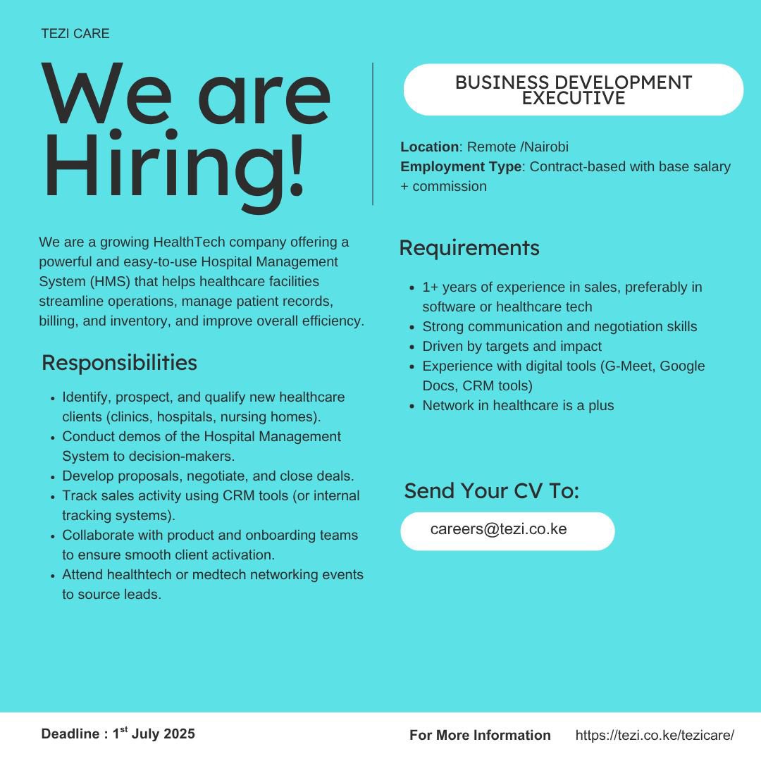 Hello?

Are you the one we are looking for?🤔

We have an opening for a Business Development Executive to join our team.

If you feel like you have the talent and skill to fit squarely into this role, please do share with us your CV.

If you are not, Please Repost, our team