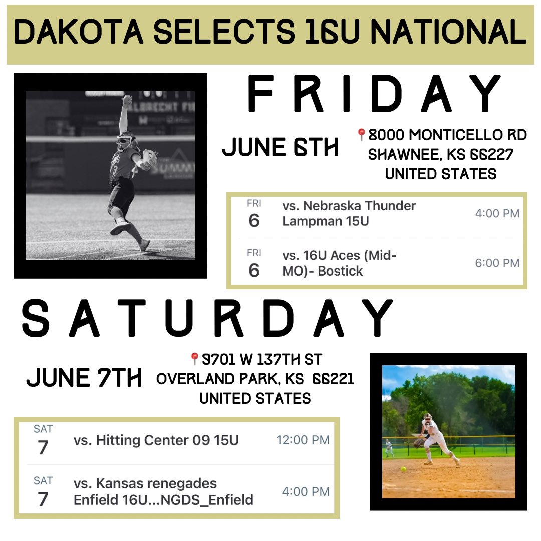Taelyn Card Class of 2027 (@taelyncard_2027) on Twitter photo Super excited to get back on the field with my Selects girls! This weekend we play in Kansas!
<a href="/DakotaSelectsSB/">Dakota Selects Softball</a> <a href="/cora_zackrison/">Cora Zackrison</a> <a href="/DirectRecruits/">Direct Recruits</a> <a href="/CoastRecruitsSB/">Coast Recruits ๐ฅ</a> <a href="/CoastRecruits/">Coast 2 Coast Recruits</a> <a href="/LL7NV/">College Recruiter</a> <a href="/TopPreps/">SPORTS NEWS, VIDEOS, GRAPHICS, EXPOSURE & MORE</a> <a href="/PrepSoftball/">Prep Softball ๐ฅ</a> <a href="/SBRRetweets/">Softball Recruiting Reposts</a> <a href="/ExtraInningSB/">EXTRA INNING SOFTBALL</a> <a href="/ShowtimeSports1/">Showtime Sports</a> <a href="/SoftballDown/">Down South Softball</a> <a href="/SoftbalAmerica/">Softball America</a> Super excited to get back on the field with my Selects girls! This weekend we play in Kansas!
<a href="/DakotaSelectsSB/">Dakota Selects Softball</a> <a href="/cora_zackrison/">Cora Zackrison</a> <a href="/DirectRecruits/">Direct Recruits</a> <a href="/CoastRecruitsSB/">Coast Recruits ๐ฅ</a> <a href="/CoastRecruits/">Coast 2 Coast Recruits</a> <a href="/LL7NV/">College Recruiter</a> <a href="/TopPreps/">SPORTS NEWS, VIDEOS, GRAPHICS, EXPOSURE & MORE</a> <a href="/PrepSoftball/">Prep Softball ๐ฅ</a> <a href="/SBRRetweets/">Softball Recruiting Reposts</a> <a href="/ExtraInningSB/">EXTRA INNING SOFTBALL</a> <a href="/ShowtimeSports1/">Showtime Sports</a> <a href="/SoftballDown/">Down South Softball</a> <a href="/SoftbalAmerica/">Softball America</a>