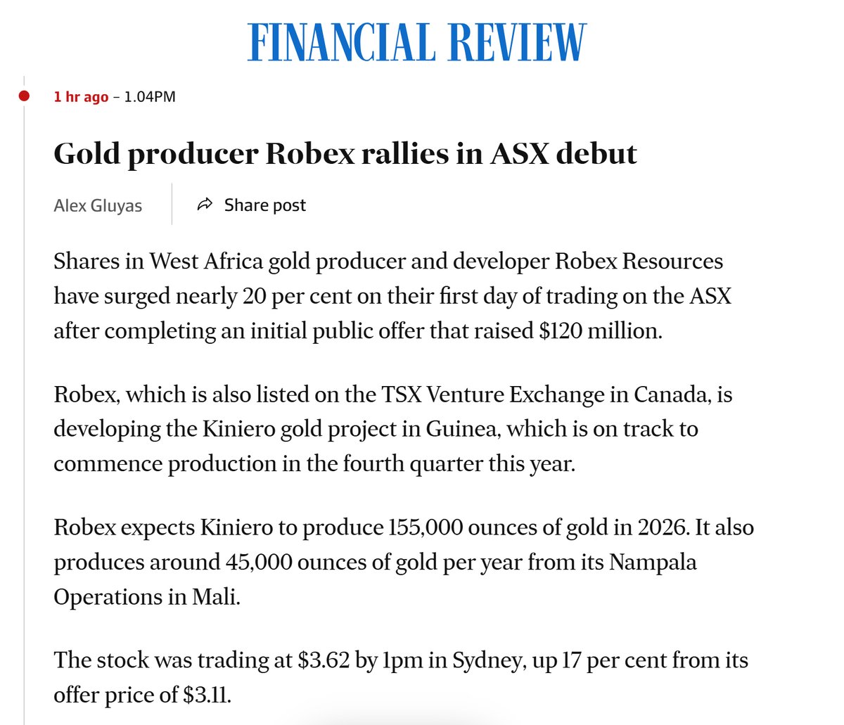 Robex Resources Inc (@robexgold) on Twitter photo Gold producer Robex $RXR rallies in $ASX debut 📈 coverage of the company in the <a href="/FinancialReview/">Financial Review</a> below.
Read more: afr.com/markets/equity… Gold producer Robex $RXR rallies in $ASX debut 📈 coverage of the company in the <a href="/FinancialReview/">Financial Review</a> below.
Read more: afr.com/markets/equity…