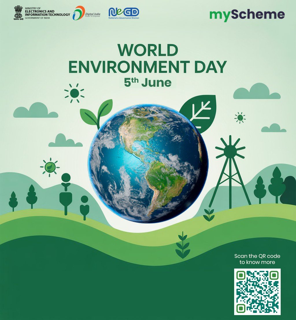 This World Environment Day, let's pledge to protect our planet!
Join the movement towards a greener, cleaner, and more sustainable future. 
Every action counts — reduce, reuse, recycle!
#WorldEnvironmentDay #GreenIndia #SustainableLiving #myScheme #SaveOurPlanet #DigitalIndia