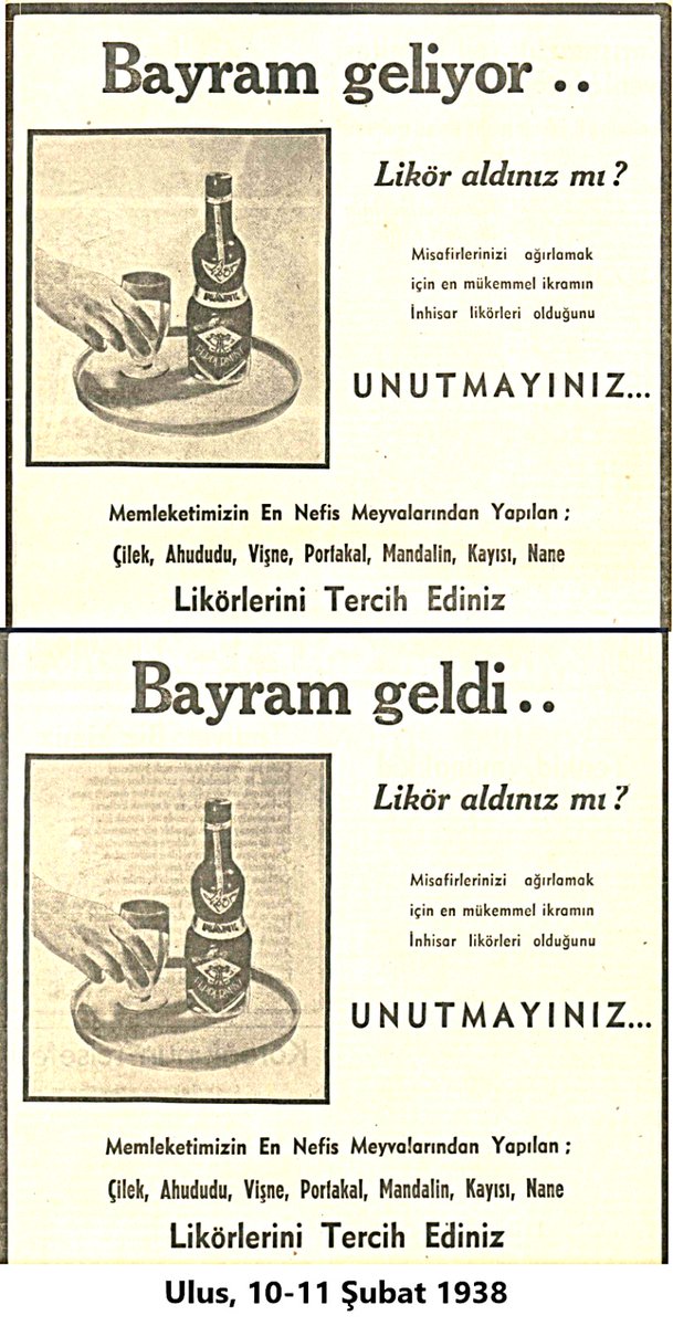 CHP'nin resmî yayın organı Ulus gazetesi Kurban Bayramı'nı likör (içki) reklamıyla karşılamış!