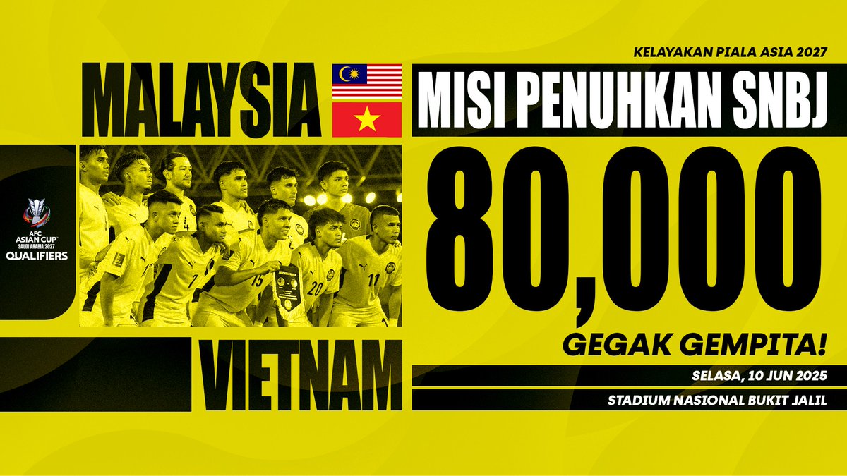Mana semua pemain ke-12 Harimau Malaya! Kita ada misi untuk memenuhkan Stadium Nasional Bukit Jalil! 🔥🔥

Mari semua berikan sokongan padu dalam aksi Malaysia menentang Vietnam pada 10 Jun ini! 80,000 penonton bakal gegar Bukit Jalil!💪🏻

#KelayakanPialaAsia #AstroArena