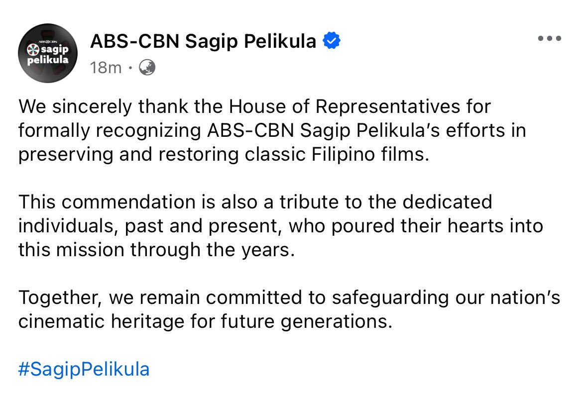 anjo_bagaoisan's tweet photo. READ: ABS-CBN’s @SagipPelikula thanked the House of Representatives for its resolution recognizing the initiative’s efforts over 14 years.

Sagip Pelikula, which wrapped up direct film restoration work in April, extended the commendation to all those part of it “past &amp; present”. https://t.co/WbE8uMJo2c