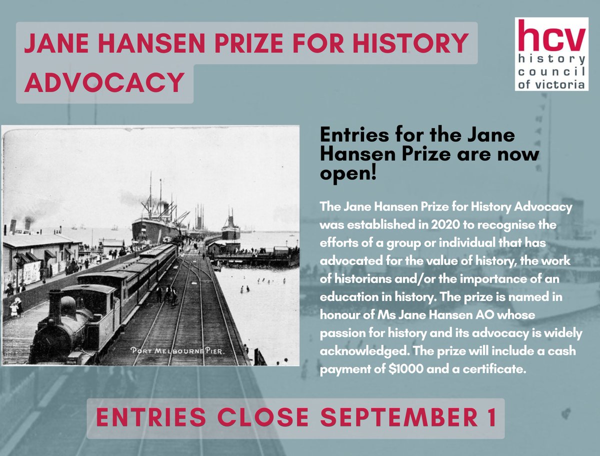 🙌 The Jane Hansen Prize for History Advocacy is now open! 

The $1000 prize was established in 2020 to recognise the efforts of a group/individual that has adovcated for the value of history &amp; historians and/or the importance of history education.

More: tinyurl.com/m3jdfjwa