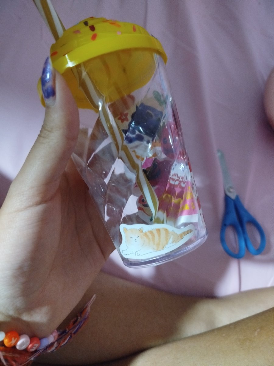 sib gav me  dis bday  cup wth  sharkies on  but i dind like dat much so  i covered  painting and glued some  stickers  its  better  now (did confetti too)🍓🍓