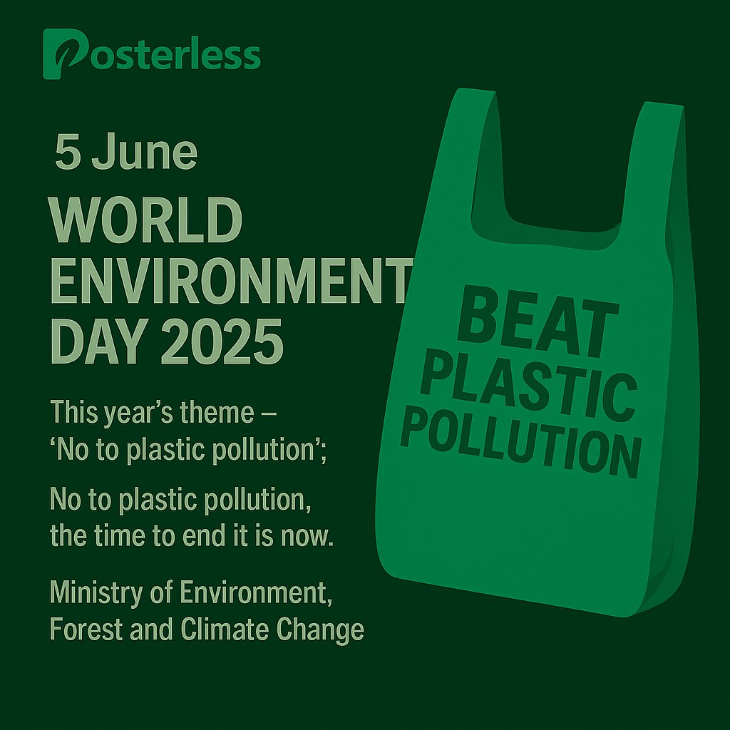 posterless's tweet photo. This 5 June, let's rise beyond plastic. 🌱
Say it loud: No More Plastic Pollution.
Join Posterless™ in building a cleaner, greener future — one post, one voice, one city at a time. 💚

🟢 Digital is sustainable.
🛑 Plastic is not.

#WorldEnvironmentDay #BeatPlasticPollution #Posterless #EcoFriendlyBangladesh #GreenFutureNow #NoMorePlastic #DigitalForChange #পস্তেরলেসস্ফরপ্লানেত