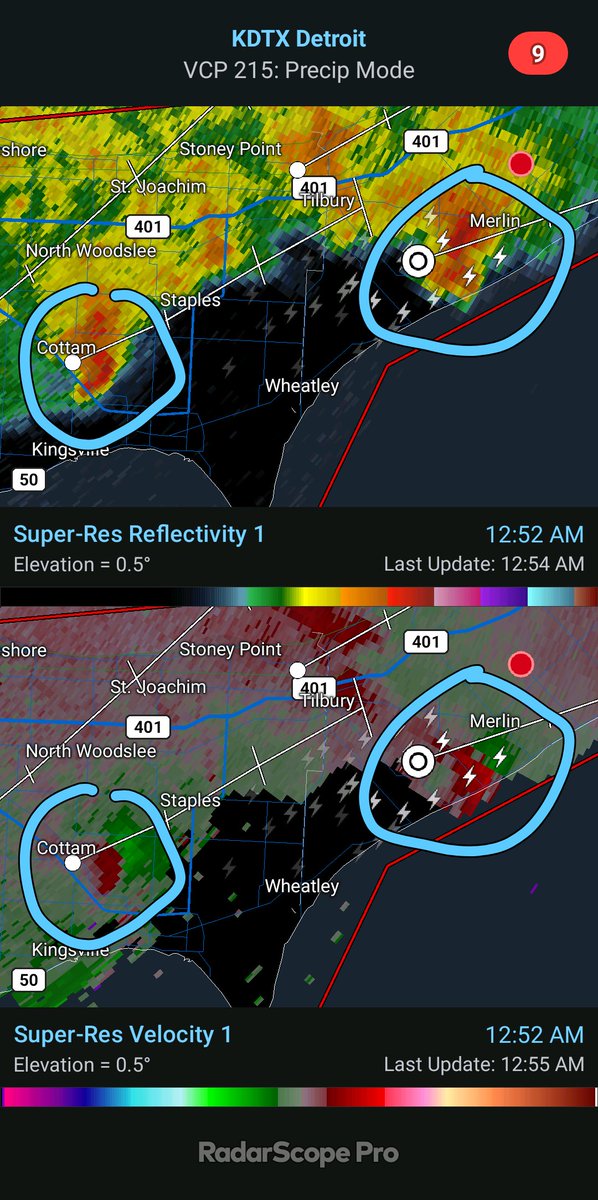 Still seeing 2 areas of rotation 

1st (stronger) near #Merlin and 2nd near #Cottam

Tornado Warnings are still in effect, if in the warning seek shelter

#OnWX #ONStorm