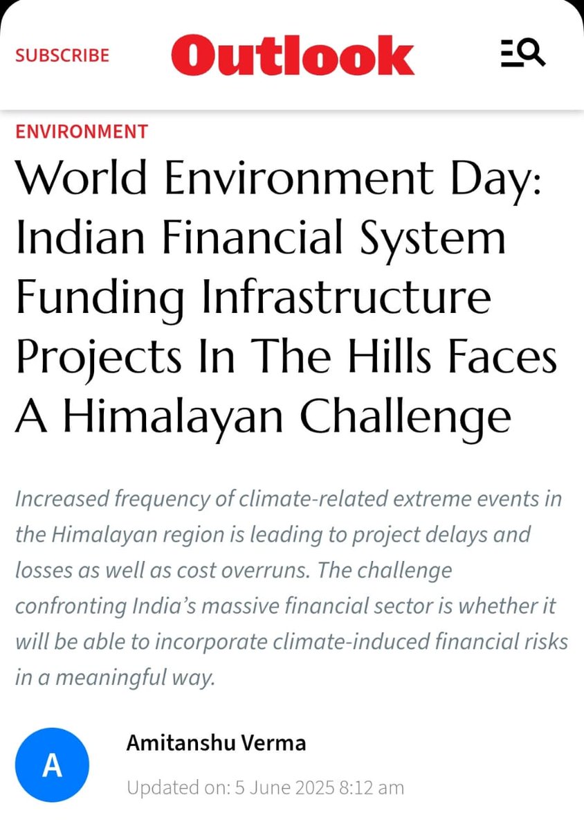 Centre for Financial Accountability (@cfa_ind) on Twitter photo 🏔 #WorldEnvironmentDay : Indian Financial System Funding Infrastructure Projects In The Hills Faces A Himalayan Challenge
✍🏽 <a href="/amitanshujnu/">Amitanshu Verma</a> in <a href="/Outlookindia/">Outlook India</a>
With increasing climate disasters Indian financial institutions face the Himalayan challenge
outlookindia.com/environment/wo… 🏔 #WorldEnvironmentDay : Indian Financial System Funding Infrastructure Projects In The Hills Faces A Himalayan Challenge
✍🏽 <a href="/amitanshujnu/">Amitanshu Verma</a> in <a href="/Outlookindia/">Outlook India</a>
With increasing climate disasters Indian financial institutions face the Himalayan challenge
outlookindia.com/environment/wo…