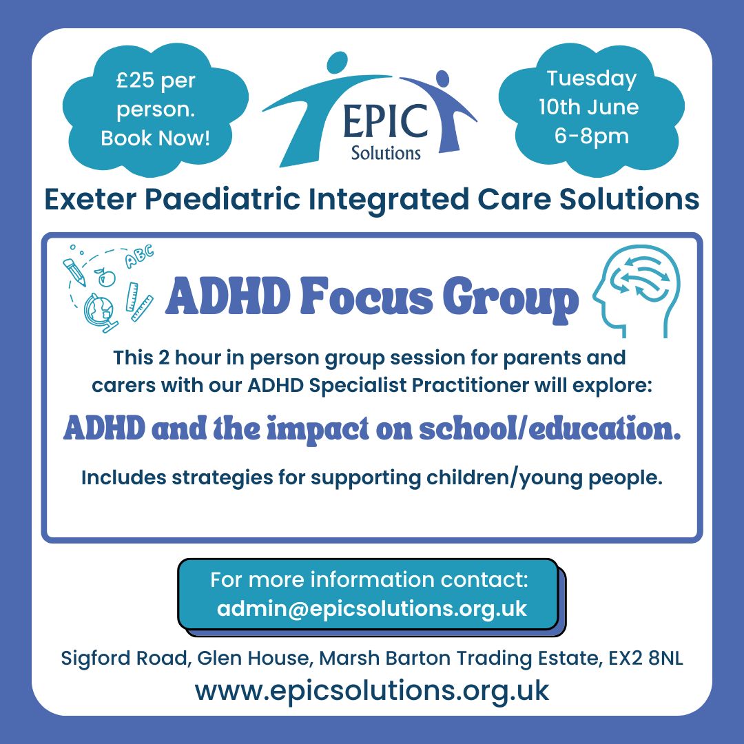 EPIC Solutions Exeter (@epicsolutionsex) on Twitter photo Last few places available for our in person ADHD focus group on Tuesday 10th June at Glen House. All welcome. 
Please contact admin@epicsolutions.org.uk.
#epicsolutionsexeter #adhd Last few places available for our in person ADHD focus group on Tuesday 10th June at Glen House. All welcome. 
Please contact admin@epicsolutions.org.uk.
#epicsolutionsexeter #adhd