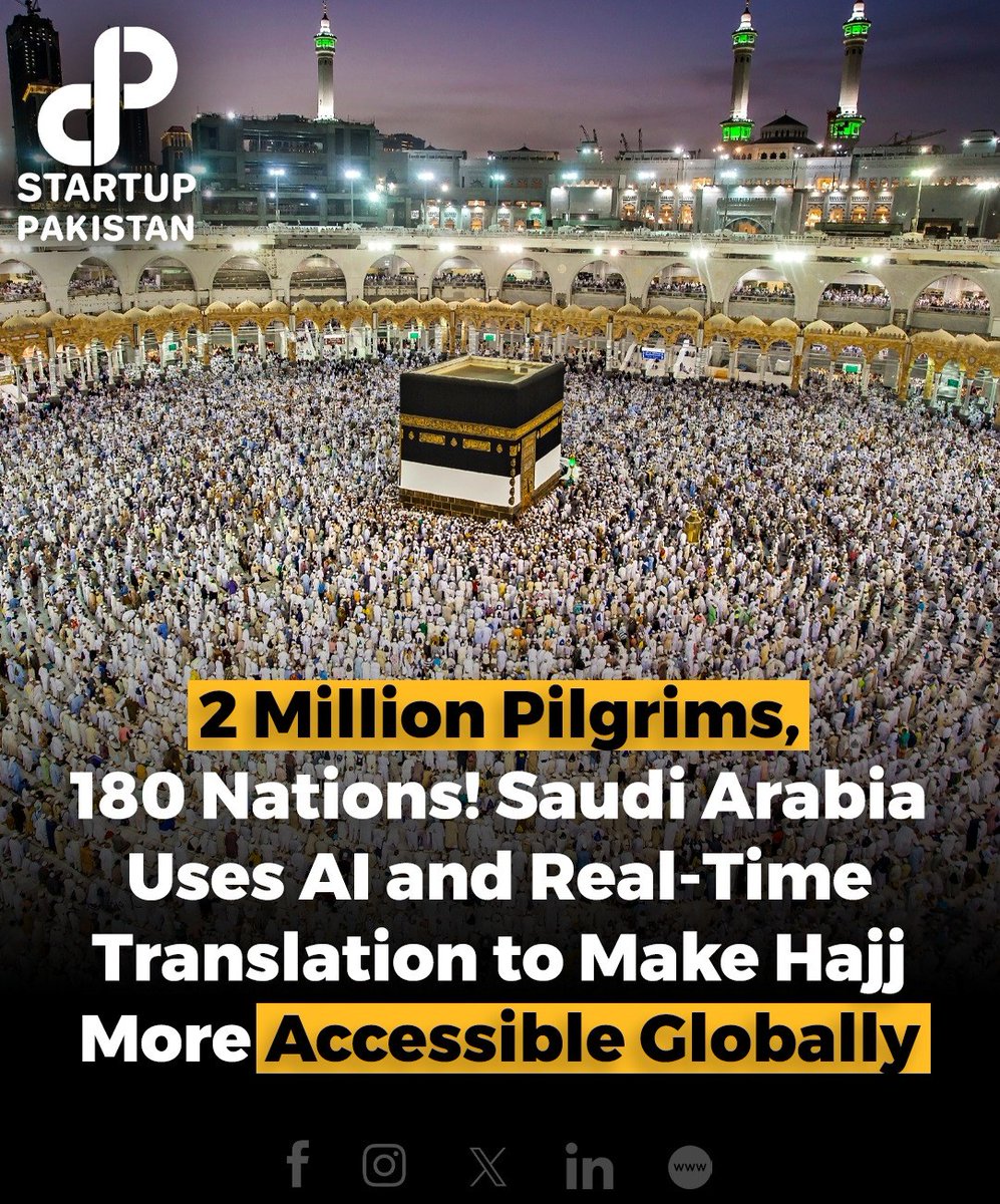 PakStartup's tweet photo. With over 2 million pilgrims arriving from 180 countries, Saudi Arabia is harnessing the power of AI and real-time translation to make Hajj more inclusive and accessible than ever before.
#Hajj2025 #SmartHaj #AIinHajj #GlobalPilgrimage #ManaraAI #RealTimeTranslation https://t.co/TayvoegdfY