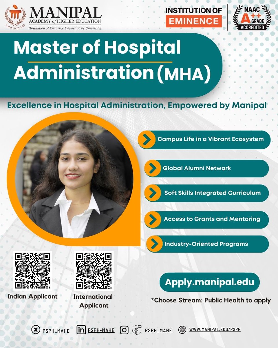 🎓 Join the Master of Hospital Administration (MHA) at <a href="/MAHE_Manipal/">Manipal Academy of Higher Education</a> – an Institution of Eminence &amp; NAAC A++
✅ Global Alumni Network
✅ Industry-Oriented Curriculum
✅ Grants &amp; Mentorship
🔗 Apply now: apply.manipal.edu
#MHA  #MAHE #HealthcareLeadership #StudyInManipal