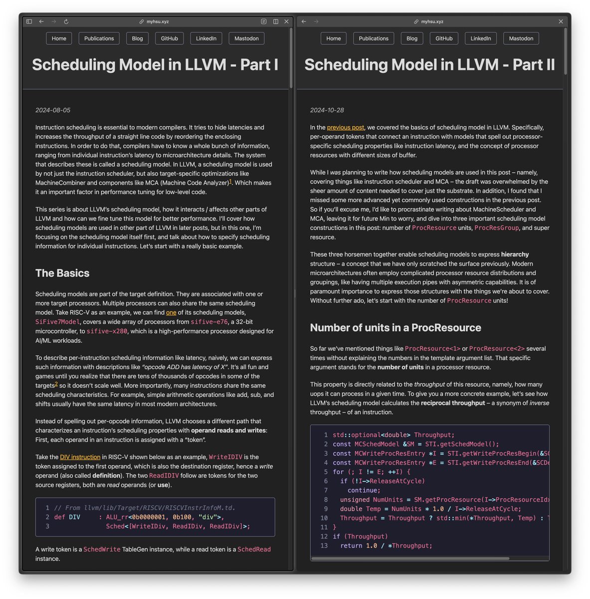 vivekgalatage's tweet image. Modern processors rely on instruction pipelines to maximize execution efficiency and throughput, and compilers leverage this to generate optimized machine code.
In a two-part series, @bekket_mcclane focuses on LLVM’s scheduling model, showing how it models latency, throughput,…