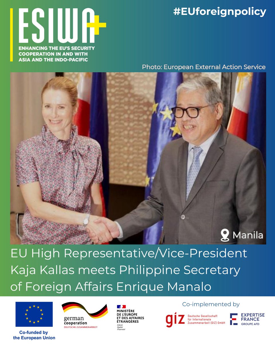 ESIWA_EU's tweet image. ๐ช๐บ๐ค๐ต๐ญ โToday, we announce the establishment of new #EUPhilippines security and defence dialogue,โ said HRVP @kajakallas
๐ช๐ป after meeting @SecManalo @DFAPHL
๐๏ธ Full remarks on @eu_eeas ๐ eeas.europa.eu/eeas/philippinโฆ
#EUdefence #EUIndoPacific #EUForeignPolicy