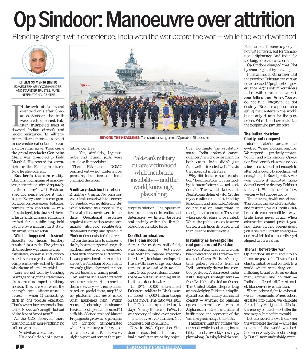 One of the finest arguments you can read on #OperationSindoor .
Author Lt Gen SS Mehta (retd) former western Army Cdr. <a href="/thetribunechd/">The Tribune</a>
<a href="/rajnathsingh/">Rajnath Singh</a>
<a href="/HQ_IDS_India/">HQ IDS</a> <a href="/adgpi/">ADG PI - INDIAN ARMY</a> <a href="/indiannavy/">SpokespersonNavy</a> <a href="/adgpi/">ADG PI - INDIAN ARMY</a> <a href="/IAF_MCC/">Indian Air Force</a> <a href="/MEAIndia/">Randhir Jaiswal</a>