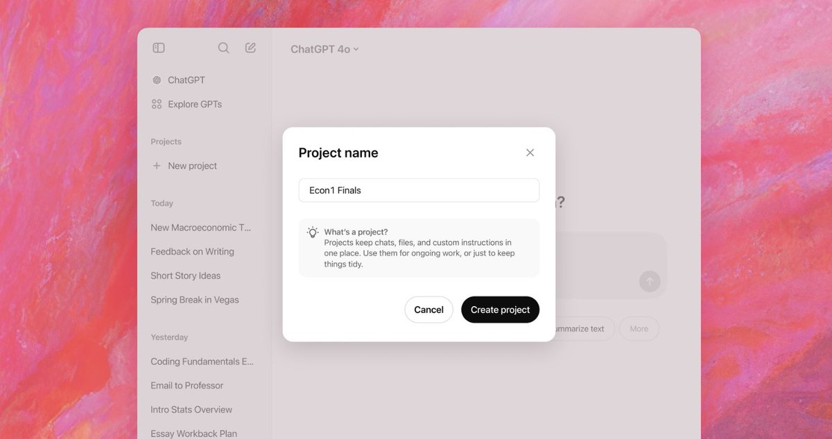 Mrfrise's tweet photo. Hey @sama — loving #ChatGPT Projects, but copy-pasting research between chats kills flow. 

Could we get shared project-level context so every thread can reference the others automatically? 

One feature that would save hours for builders and teams. Cheers! https://t.co/3fsDdkaJC3