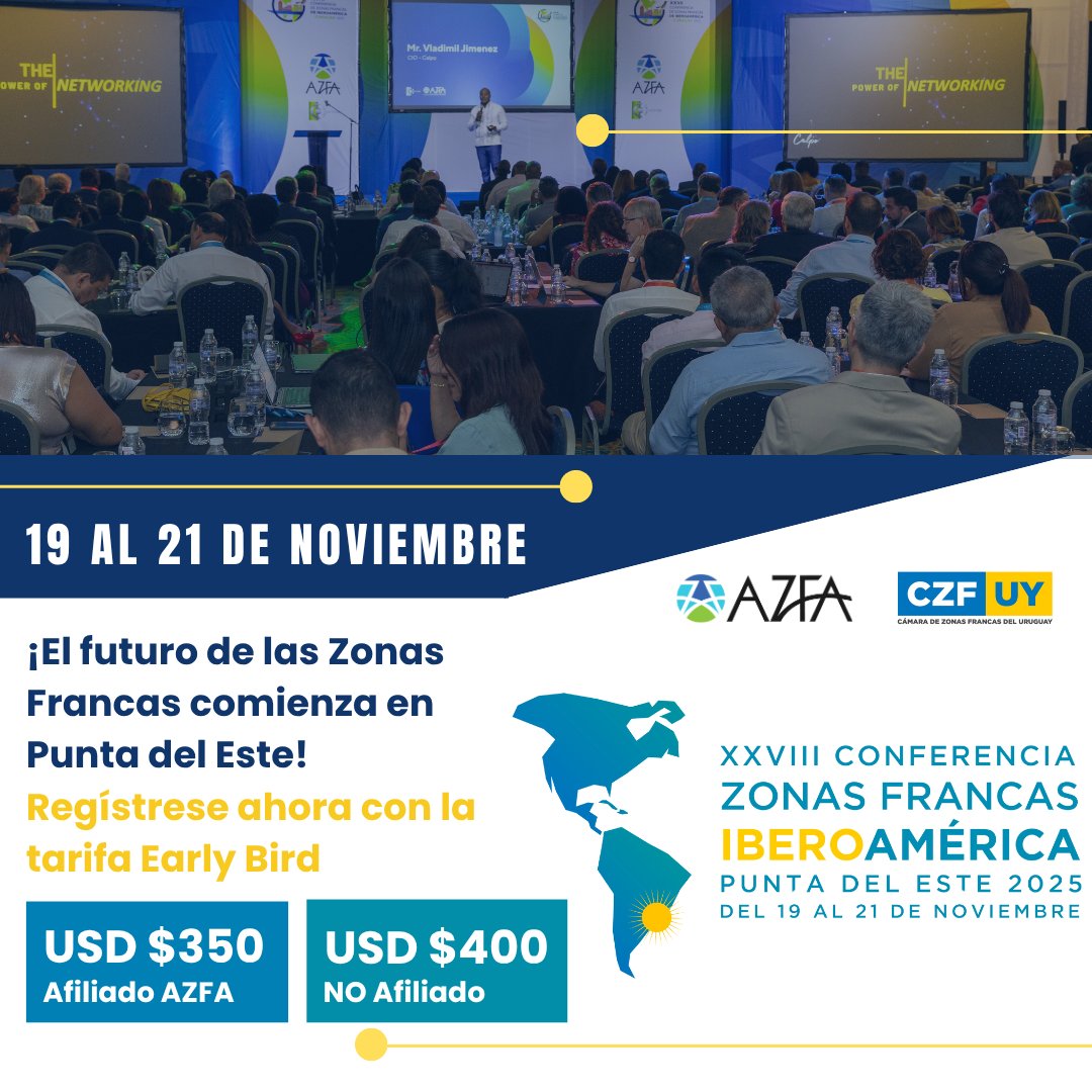 🌐 ¡El futuro de las Zonas Francas comienza en Punta del Este!

Del 19 al 21 de noviembre, acompáñanos en la #AZFAPuntadelEste2025.

🎟️ Regístrate ahora con tarifa Early Bird
👉 azfapuntadeleste.com

#ZonasFrancas #AZFA #PuntaDelEste #FreeTradeZones