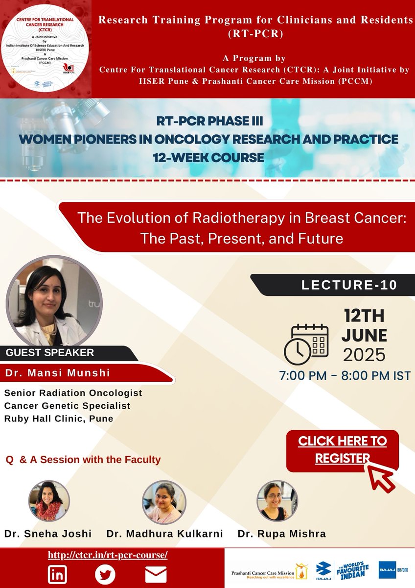 CTCR’s RTPCR Phase III: WOMEN PIONEERS IN ONCOLOGY RESEARCH AND PRACTICE
Lecture X-The Evolution of Radiotherapy in Breast Cancer: The Past, Present, and Future
Register Now! us06web.zoom.us/webinar/regist…
Date : 12th  of June 2025 at  7.00 p.m. IST
Faculty : Dr. Mansi Munshi