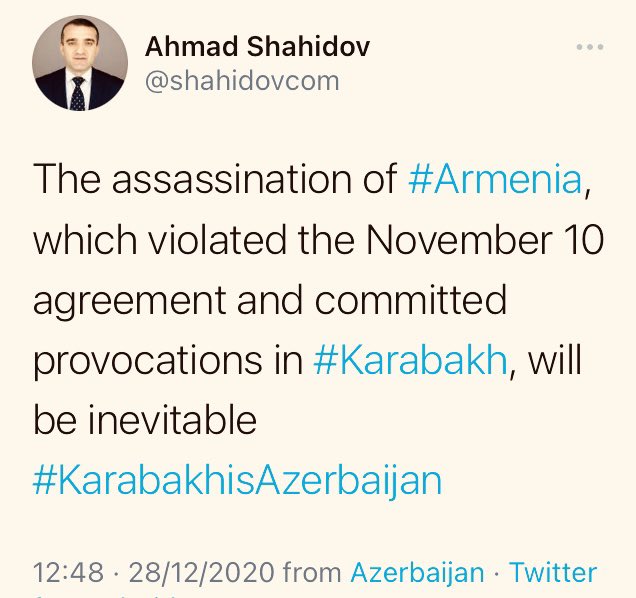 nmatini's tweet photo. This deranged person’s extreme anti-Armenian hate is quite well-documented. This is his post after 2020 war, &amp; we know well how Azerbaijan ignored every single article of Nov 10 agreement that they agreed to do. 

Why do @OSCE @osce_odihr give their platform to this psychopath? https://t.co/IrFMoG9xzL