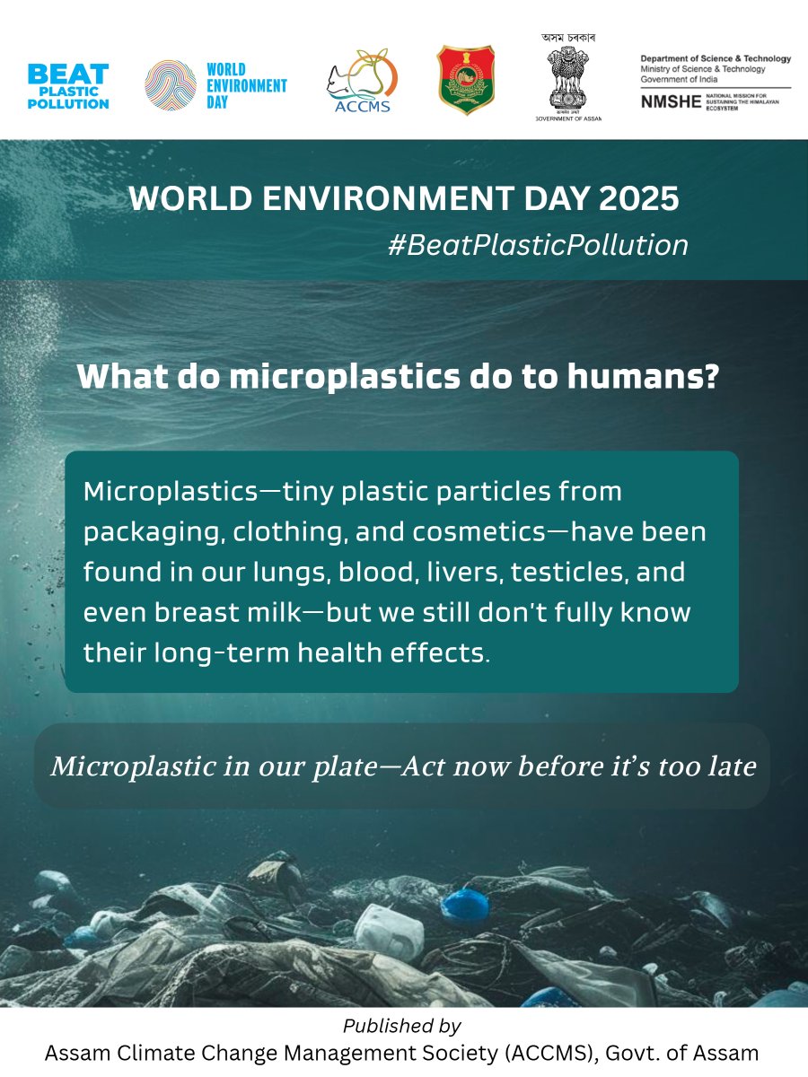 Assam Climate Change Management Society (ACCMS) (@accmsociety) on Twitter photo Microplastics are everywhere - in our oceans, food, and even in our lungs. Tiny particles, huge problems. It’s time to #BeatPlasticPollution. <a href="/CMOfficeAssam/">Chief Minister Assam</a> <a href="/cmpatowary/">Chandra Mohan Patowary</a> <a href="/moefcc/">MoEF&CC</a> <a href="/IndiaDST/">DSTIndia</a> <a href="/mkyadava/">mkyadava</a> <a href="/manirizwan/">Rizwan Uz Zaman, Phd</a> <a href="/Hirdesh59160599/">Hirdesh</a> Microplastics are everywhere - in our oceans, food, and even in our lungs. Tiny particles, huge problems. It’s time to #BeatPlasticPollution. <a href="/CMOfficeAssam/">Chief Minister Assam</a> <a href="/cmpatowary/">Chandra Mohan Patowary</a> <a href="/moefcc/">MoEF&CC</a> <a href="/IndiaDST/">DSTIndia</a> <a href="/mkyadava/">mkyadava</a> <a href="/manirizwan/">Rizwan Uz Zaman, Phd</a> <a href="/Hirdesh59160599/">Hirdesh</a>