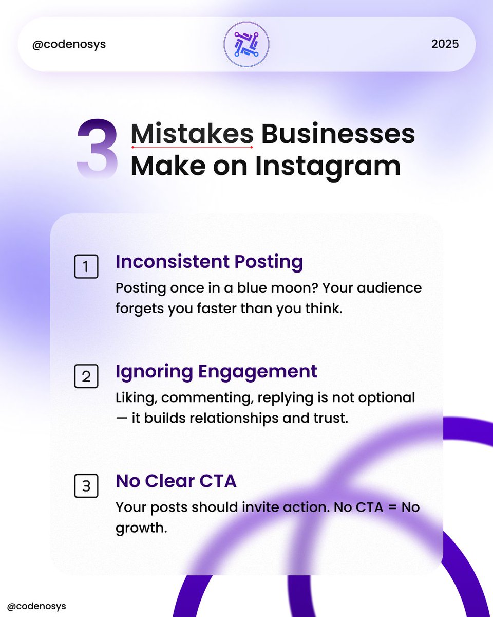 CodeNove's tweet photo. Here are 3 common pitfalls businesses fall into on Instagram — and how to fix them:
1️⃣ Be consistent — set a schedule and stick to it
2️⃣ Engage actively — respond to comments &amp; DMs
3️⃣ Always have a call-to-action — guide your audience https://t.co/elN8SvnhkU