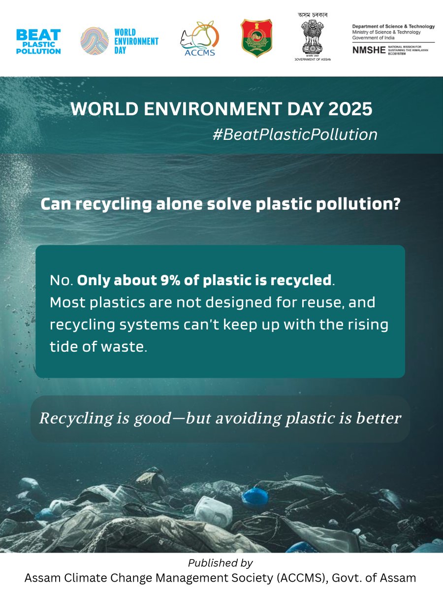 Assam Climate Change Management Society (ACCMS) (@accmsociety) on Twitter photo Only 9% of plastic ever gets recycled - most ends up polluting our planet. Recycling alone won’t save us. The real power lies in refusing and reducing. #BeatPlasticPollution <a href="/CMOfficeAssam/">Chief Minister Assam</a> <a href="/cmpatowary/">Chandra Mohan Patowary</a> <a href="/moefcc/">MoEF&CC</a> <a href="/IndiaDST/">DSTIndia</a> <a href="/mkyadava/">mkyadava</a> <a href="/manirizwan/">Rizwan Uz Zaman, Phd</a> <a href="/Hirdesh59160599/">Hirdesh</a> Only 9% of plastic ever gets recycled - most ends up polluting our planet. Recycling alone won’t save us. The real power lies in refusing and reducing. #BeatPlasticPollution <a href="/CMOfficeAssam/">Chief Minister Assam</a> <a href="/cmpatowary/">Chandra Mohan Patowary</a> <a href="/moefcc/">MoEF&CC</a> <a href="/IndiaDST/">DSTIndia</a> <a href="/mkyadava/">mkyadava</a> <a href="/manirizwan/">Rizwan Uz Zaman, Phd</a> <a href="/Hirdesh59160599/">Hirdesh</a>