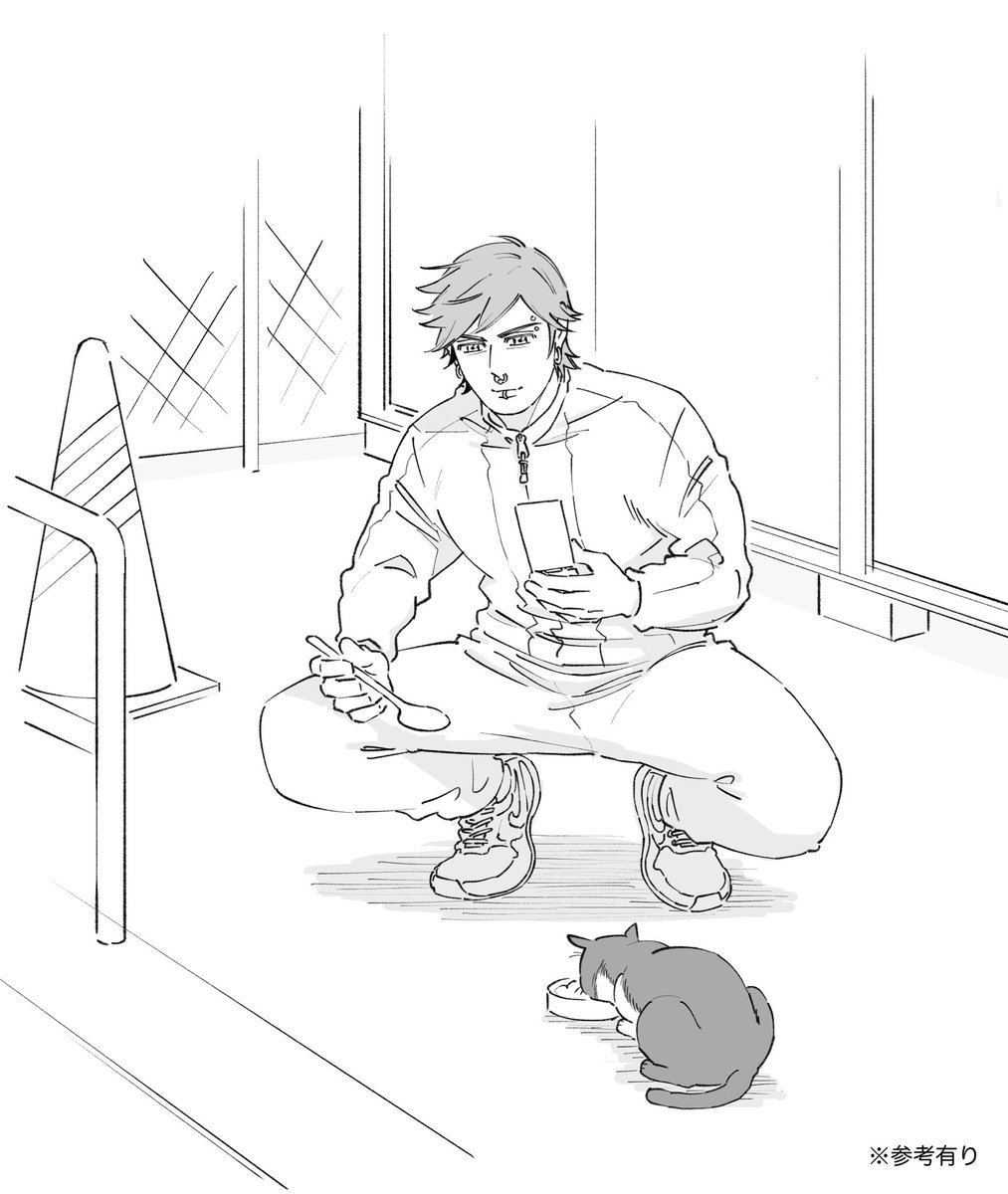 _dakuonpu's tweet image. ノラ猫に餌をあげる聖流翔
