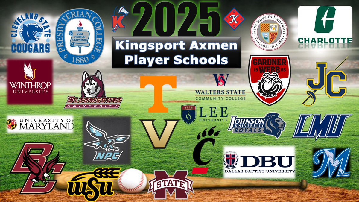 Mark Davis (@kptbaseballfan) on Twitter photo 22 schools are represented on the 2025 <a href="/KingsportAxmen/">Kingsport Axmen</a> roster!
We have a talented group of players ready for #OpeningDay!
Proud to have each of the schools represented on the team: <a href="/Vol_Baseball/">Tennessee Baseball</a>, <a href="/LMUbaseball/">LMU Railsplitters ⚾️</a>, <a href="/MCCBaseba11/">McCook CC Baseball</a>, <a href="/CSCC_BSB/">Cleveland State ⚾️</a>, <a href="/GoBearcatsBASE/">Cincinnati Baseball</a>, <a href="/TerpsBaseball/">Maryland Baseball</a>, 22 schools are represented on the 2025 <a href="/KingsportAxmen/">Kingsport Axmen</a> roster!
We have a talented group of players ready for #OpeningDay!
Proud to have each of the schools represented on the team: <a href="/Vol_Baseball/">Tennessee Baseball</a>, <a href="/LMUbaseball/">LMU Railsplitters ⚾️</a>, <a href="/MCCBaseba11/">McCook CC Baseball</a>, <a href="/CSCC_BSB/">Cleveland State ⚾️</a>, <a href="/GoBearcatsBASE/">Cincinnati Baseball</a>, <a href="/TerpsBaseball/">Maryland Baseball</a>,