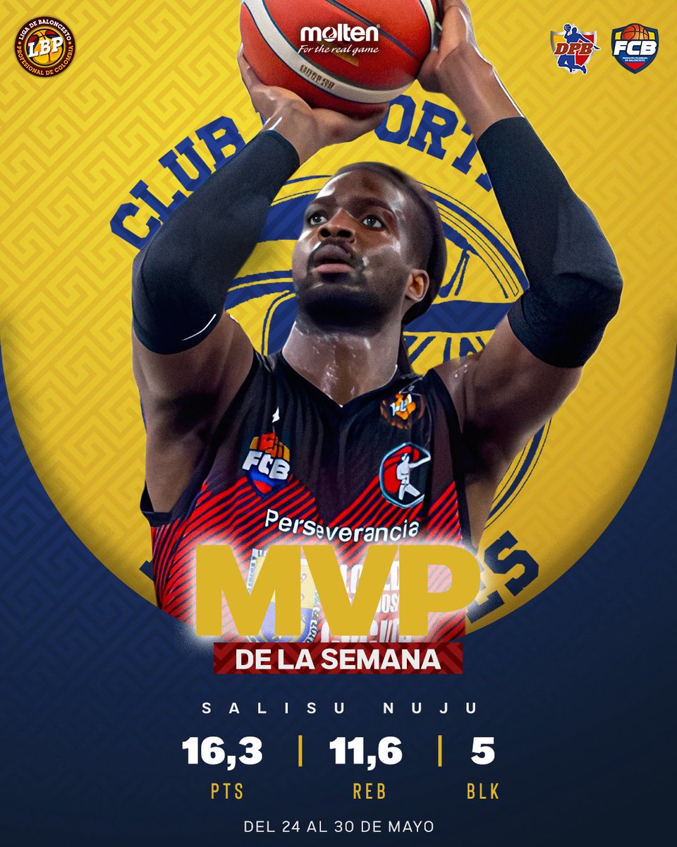 MVP DE LA SEMANA 🎖️

🇺🇸Salisu Nuju de Motilones es el MVP de la Tercera Semana de la liga. 

#BaloncestoDeColombia🇨🇴