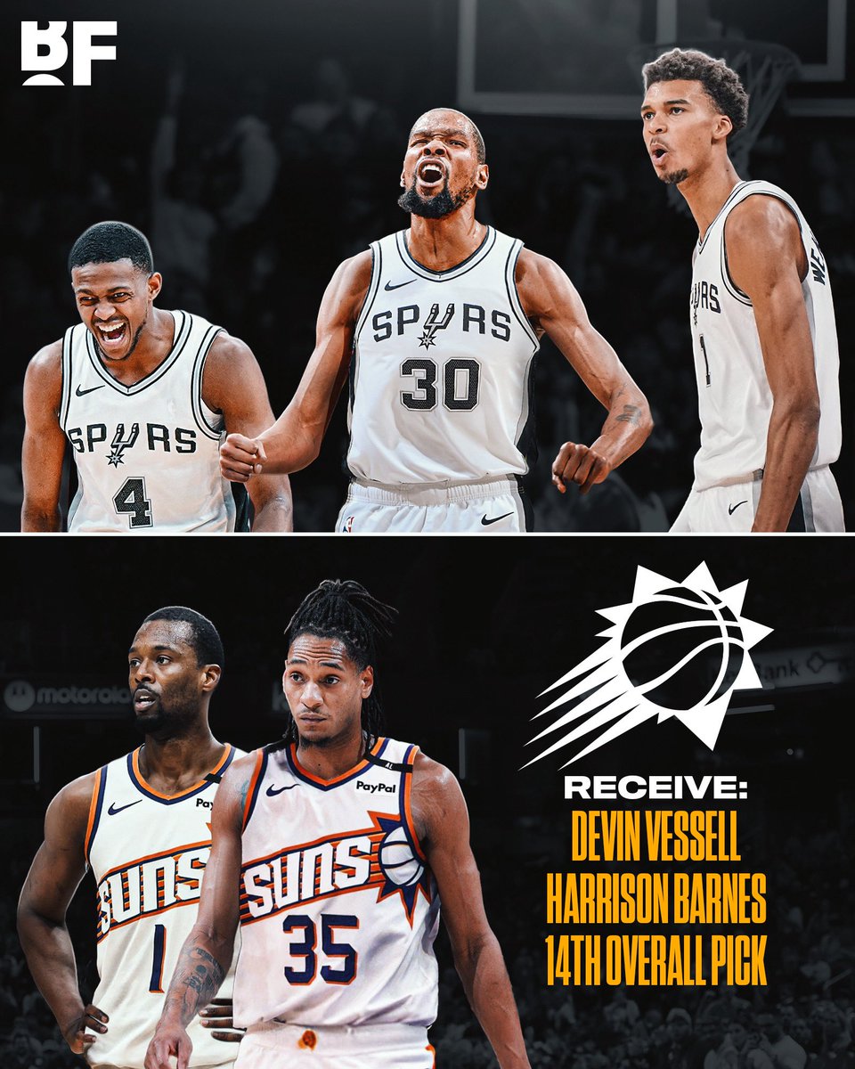 Kevin Durant’s camp views the San Antonio Spurs “as a preferred landing spot and there’s been reports of mutual interest since the trade deadline.” 👀

A trade package for KD would most likely include Devin Vassell, Harrison Barnes, and the No. 14 overall pick.

(via Jake