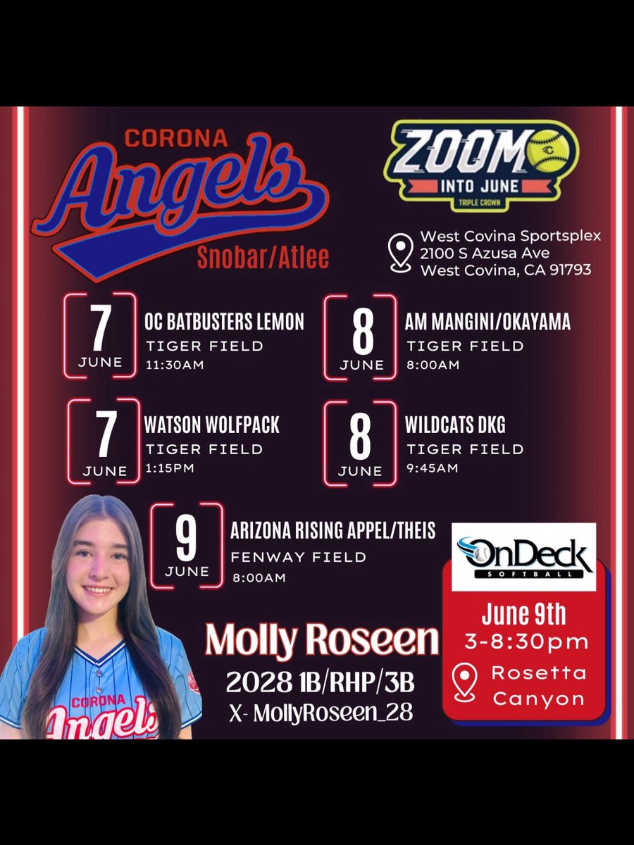 Molly Roseen (@mollyroseen_28) on Twitter photo I am so excited to compete at Zoom Into June with my <a href="/CASnobarAtlee28/">Corona Angels Snobar / Atlee 2028</a> teammates! LETβS GOO!β€οΈππ
I am also grateful to have the opportunity to attend the <a href="/ondecksoftball/">OnDeck Softball π₯</a> Rosetta Canyon Jamboree!
<a href="/tarynatlee_/">Taryn Atlee π΅π</a> <a href="/JessicaVentoza/">Jessica Ventoza</a>
<a href="/Utah_Softball/">Utah Softball</a> <a href="/kaija_gibson/">Kaija Gibson</a> <a href="/Courtmartinez9/">Courtney Martinez</a> I am so excited to compete at Zoom Into June with my <a href="/CASnobarAtlee28/">Corona Angels Snobar / Atlee 2028</a> teammates! LETβS GOO!β€οΈππ
I am also grateful to have the opportunity to attend the <a href="/ondecksoftball/">OnDeck Softball π₯</a> Rosetta Canyon Jamboree!
<a href="/tarynatlee_/">Taryn Atlee π΅π</a> <a href="/JessicaVentoza/">Jessica Ventoza</a>
<a href="/Utah_Softball/">Utah Softball</a> <a href="/kaija_gibson/">Kaija Gibson</a> <a href="/Courtmartinez9/">Courtney Martinez</a>