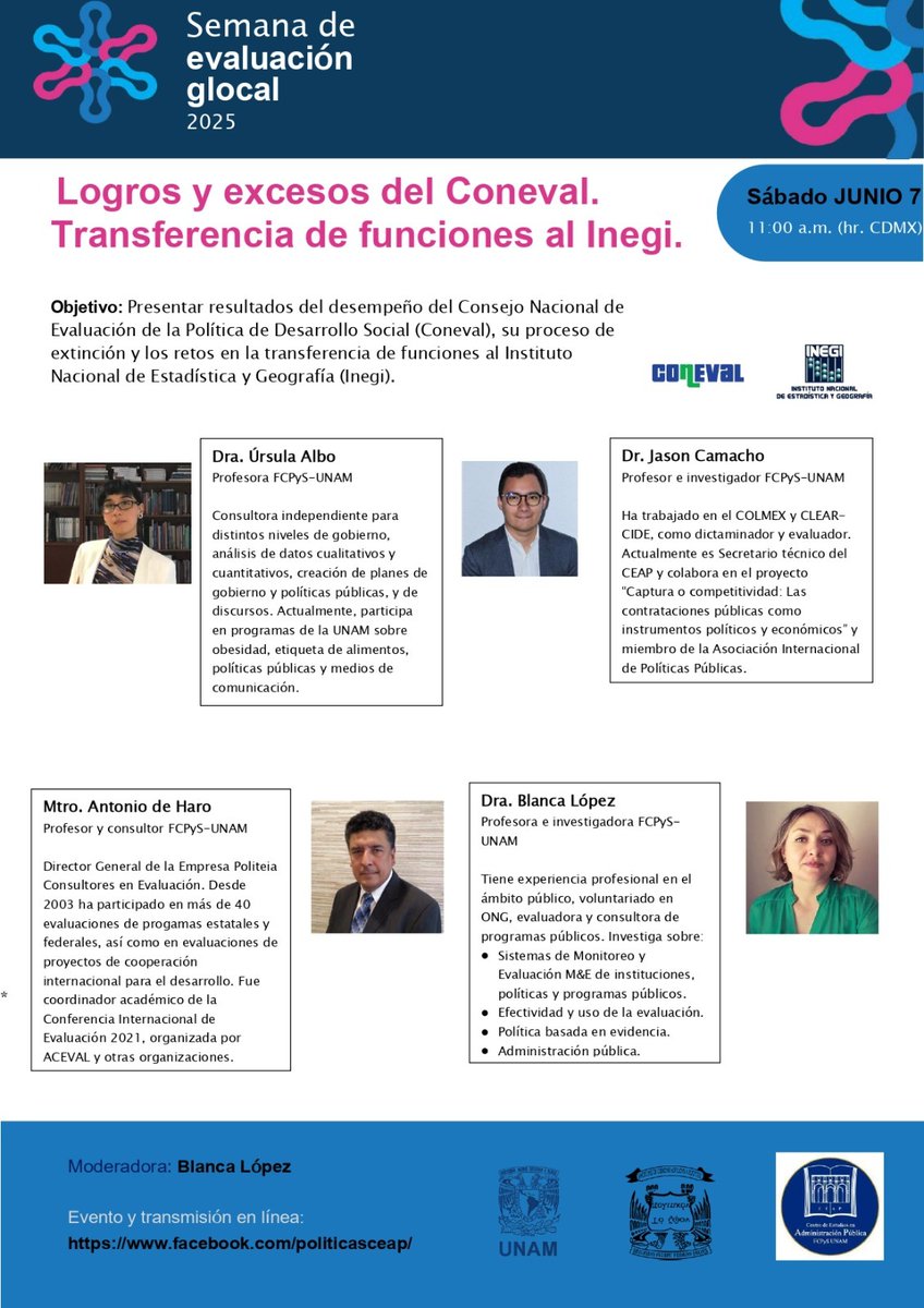 2️⃣ Charla: “Logros y excesos del Coneval. Transferencia de funciones al Inegi"

¡Te esperamos! ✨