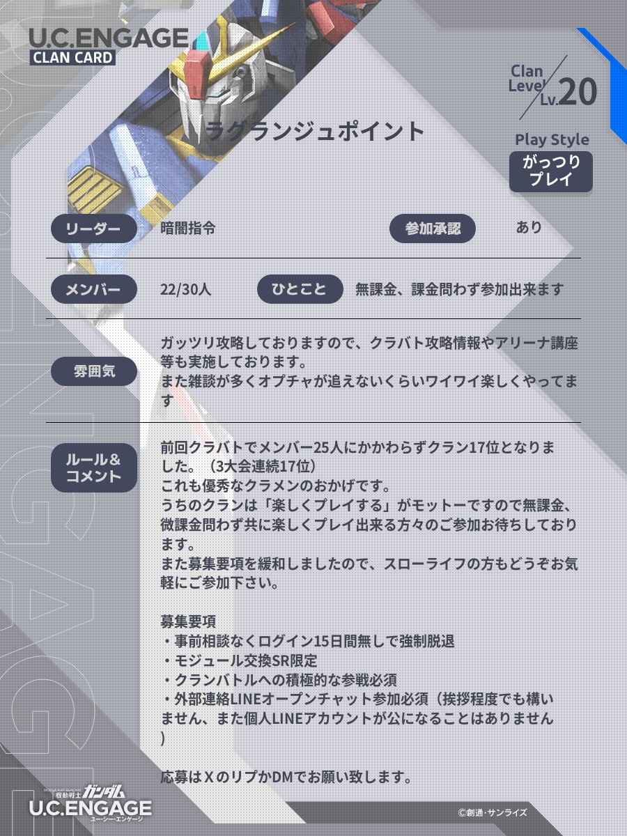 引退者や強制退会者が出たため8名ほど募集中です🤣
少数精鋭でクラバトでの好成績を叩き出す我がクランに参加してみませんか？
無課金や微課金の方も多数在籍してますのであまりガッツリプレイされない方も大丈夫ですよ👍
応募はリプかDMにて

#ガンダムUCE
#ガンダムUCエンゲージ
＃UCEクラメン募集